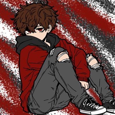 a male hoddie ripped jeans messy hair anime