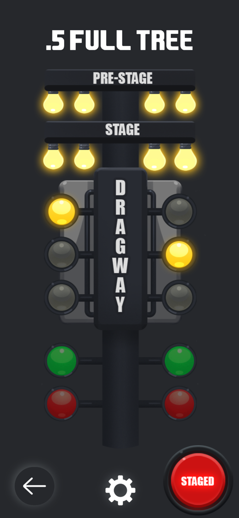 .000 Practice Tree - Interface of the 000 Practice Tree app showing a point five full tree drag racing simulator