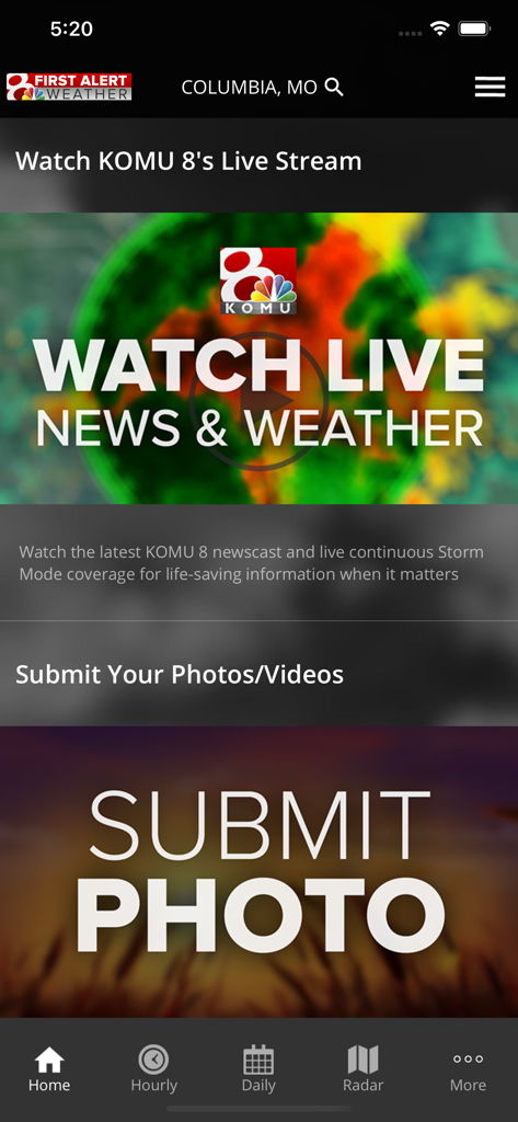 KOMU 8 Weather app screen showing live stream and photo submission options for Columbia Missouri