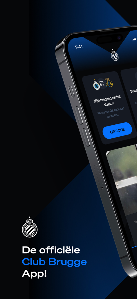 Club Brugge - Interface do aplicativo oficial do Club Brugge para celular, apresentando acesso ao estádio e um botão de código QR digital.