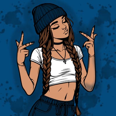 realistic teenage girl with braids and a beanie and crop top doing 🫶🏼