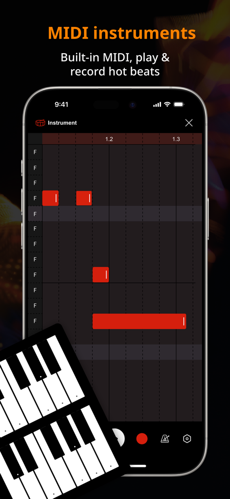 Vocal Remover Editor: MusicLab - Mobile app interface of MusicLab showing a MIDI sequencer grid and a virtual piano keyboard for creating beats.