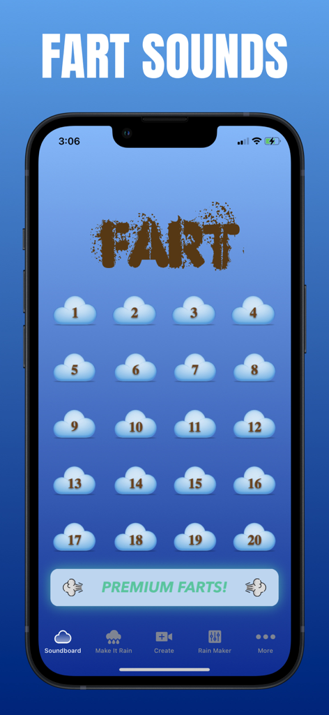 Fart World app interface showing a soundboard with twenty numbered cloud buttons for different fart sounds