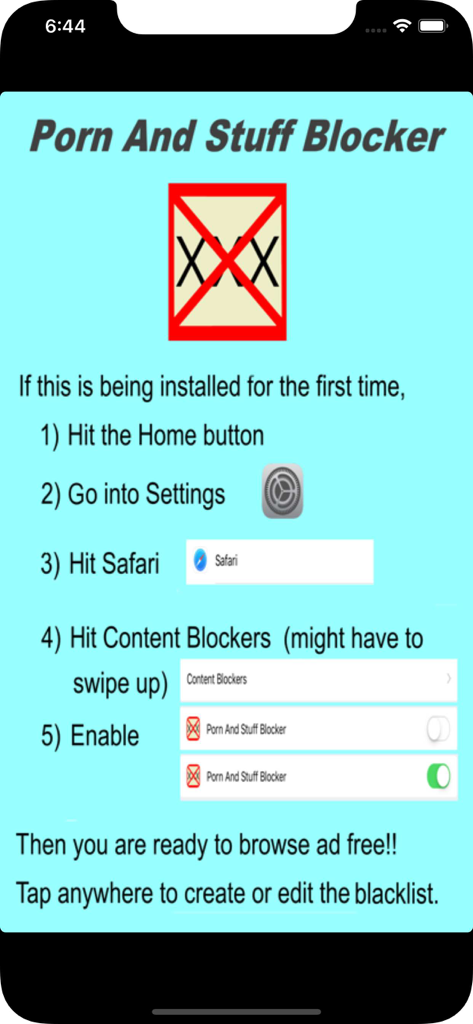 Porn And Stuff Blocker - Tela de instruções para ativar a extensão do bloqueador de conteúdo do Safari