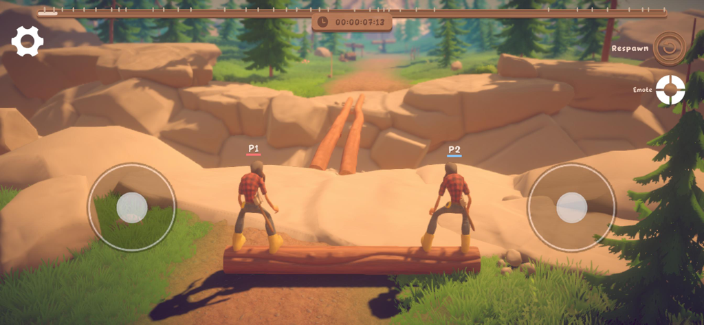 Log Riders - 協力ゲームLog Ridersで丸太の上でバランスを取る2人のプレイヤー。