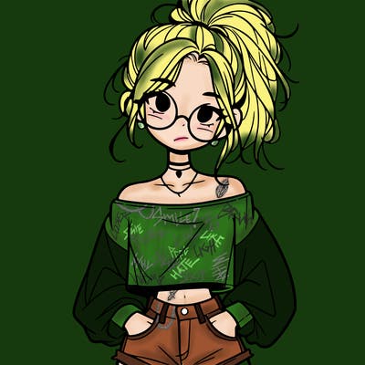 girl with a messy ponytail glasses a baggy crop top and jean shorts