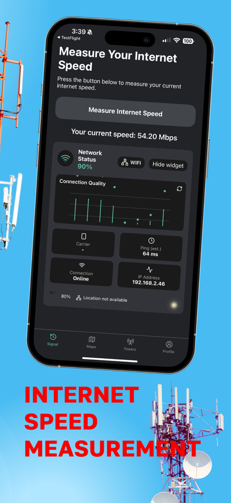 Cellular Tower － Signal Finder - Interfaccia di un'app mobile per misurare la velocità di Internet e visualizzare dati diagnostici di rete come ping e qualità della connessione