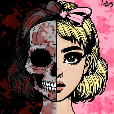 realistic girl with half skull mask