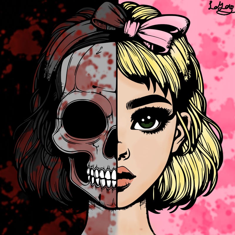 realistic girl with half skull mask