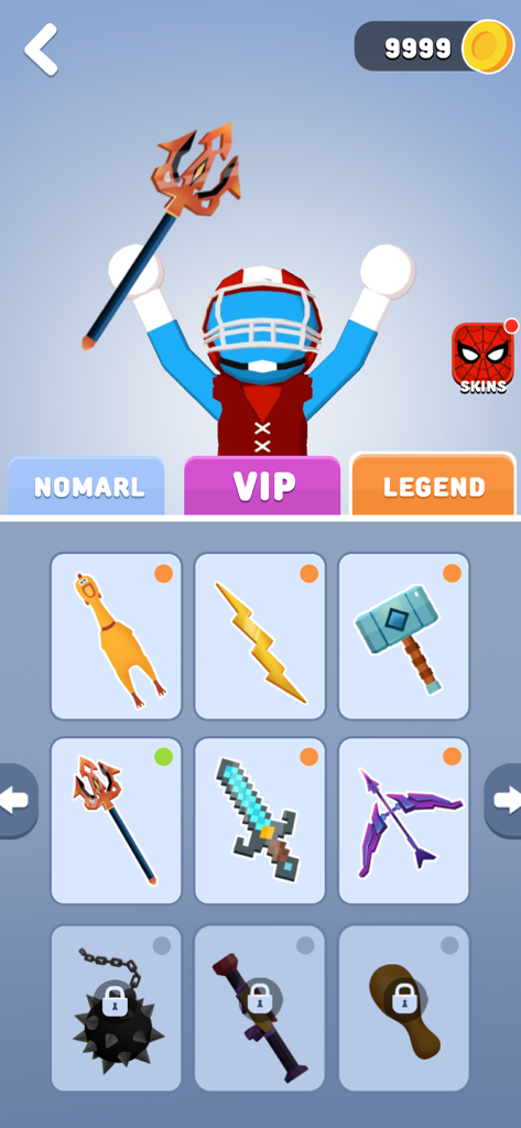 Stick Teleport 3D - Weapon selection screen in Stick Teleport 3D featuring various unique weapons and skins