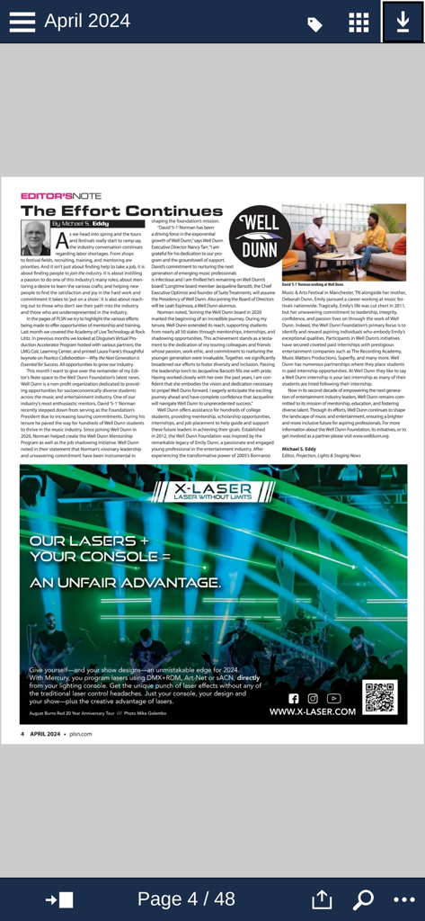 PLSN - Digital magazine page in the PLSN app showing an Editor's Note and a professional laser lighting advertisement