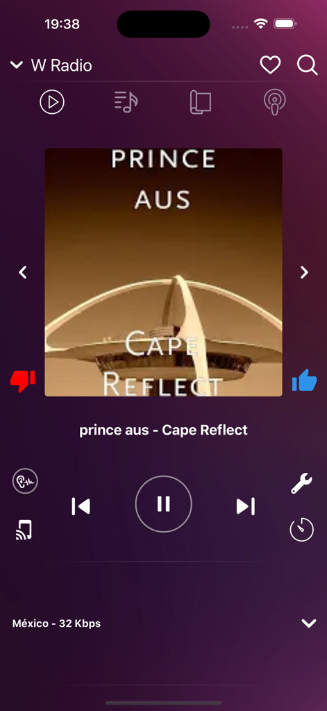 My Radio En Vivo Mexico app player interface showing W Radio station and song info