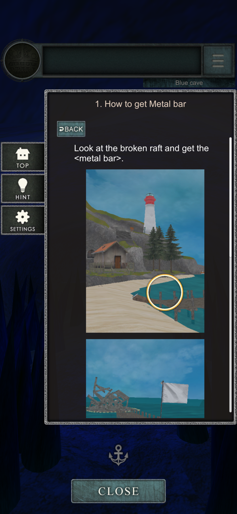 Menú de pistas en Escape Game Castaway mostrando instrucciones e imágenes de una playa y un faro para encontrar una barra de metal