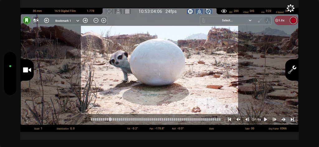 Unreal VCam - Unreal VCam app interface showing a virtual desert scene with professional cinematography controls and camera data