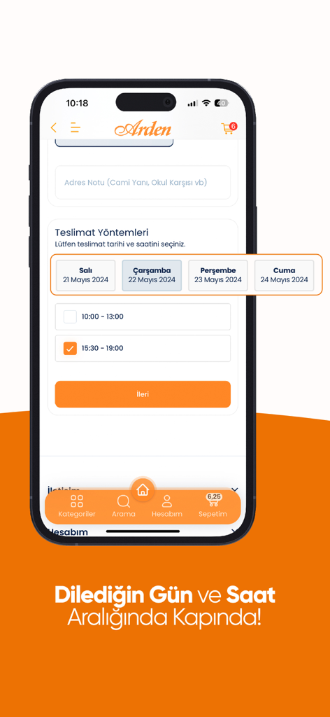 Arden Market - Interfaccia dell'app mobile Arden Market per la selezione della data e della fascia oraria di consegna