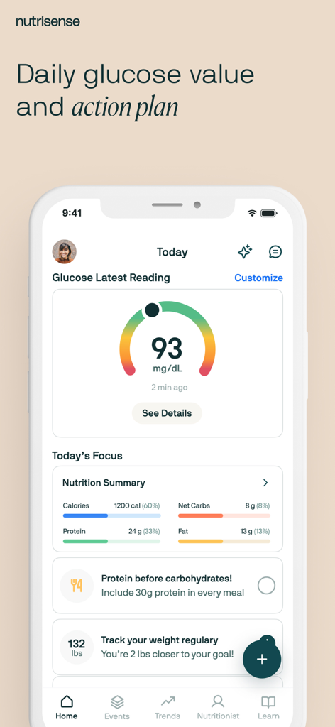 Painel do aplicativo Nutrisense mostrando uma leitura diária de glicose e um plano de ação personalizado para a saúde metabólica