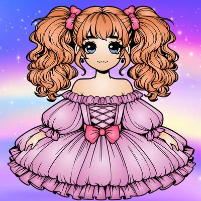 realistic girl in a big poofy dress with her hair up in high pigtails