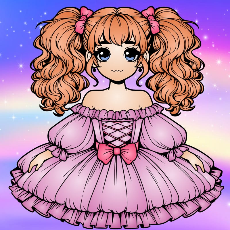 realistic girl in a big poofy dress with her hair up in high pigtails