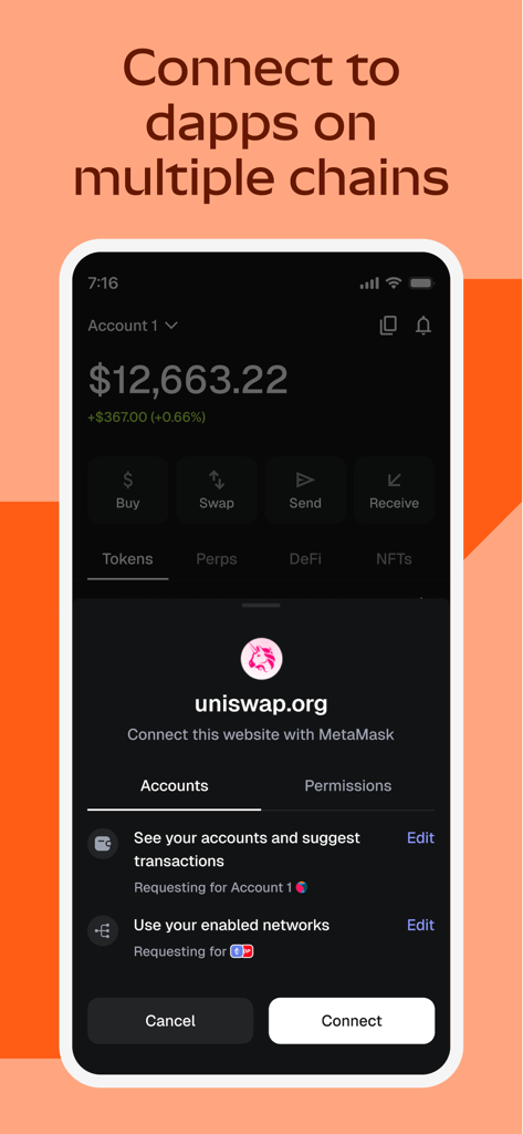 MetaMask: Crypto & Web3 Wallet - MetaMask 암호화폐 지갑 모바일 앱 인터페이스에서 Uniswap에 대한 연결 요청 표시