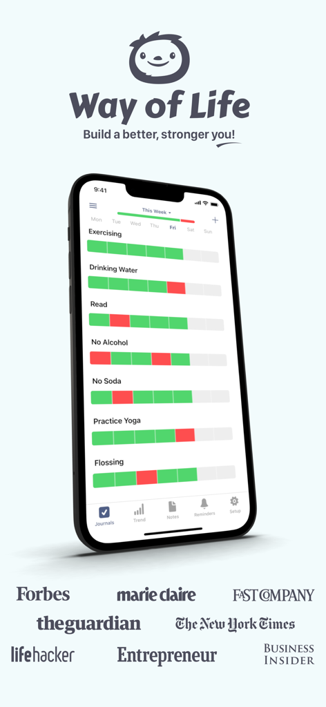 Rastreador de hábitos Way of Life mostrando cadenas diarias de hábitos y avales de la prensa