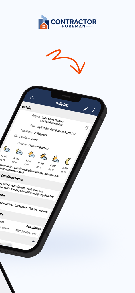 Smartphone affichant les fonctionnalités de journal quotidien et de gestion de projet de l'application Contractor Foreman