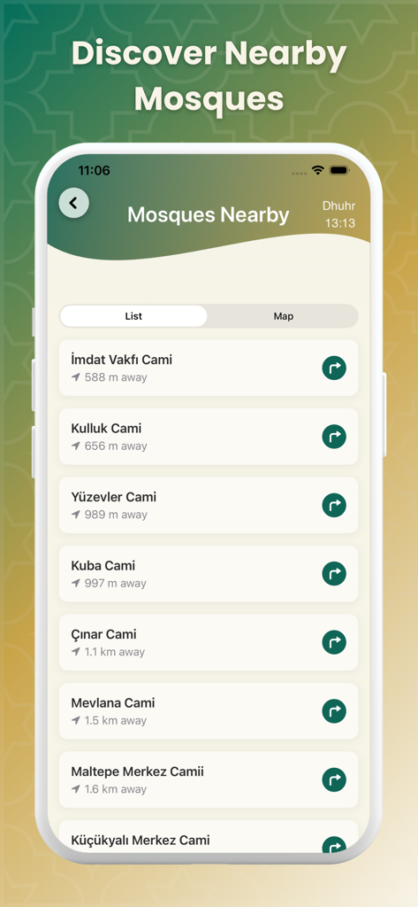 Ikra: Quran, Prayer and Dhikr - Ikraアプリのインターフェース。近くのモスクとその距離のリストが表示されています。