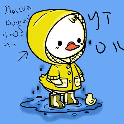 baby duck in a rain coat and boots, in a puddle while it’s raining