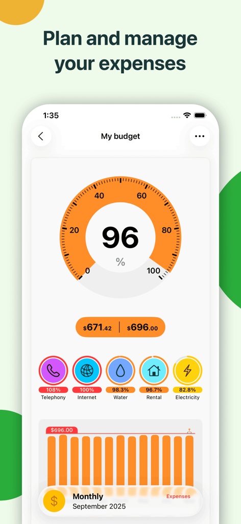 Budget App | Expense Tracker - Painel do aplicativo de orçamento mostrando o progresso do rastreamento de despesas e detalhamento de categorias