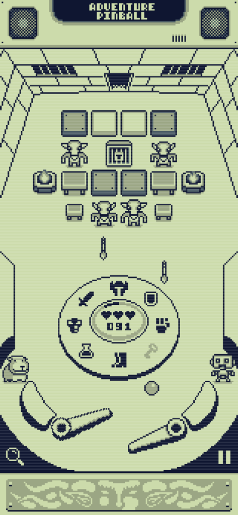 Adventure Pinball - Retro monochrome pixel art gameplay of Adventure Pinball showing pinball flippers and RPG stats.