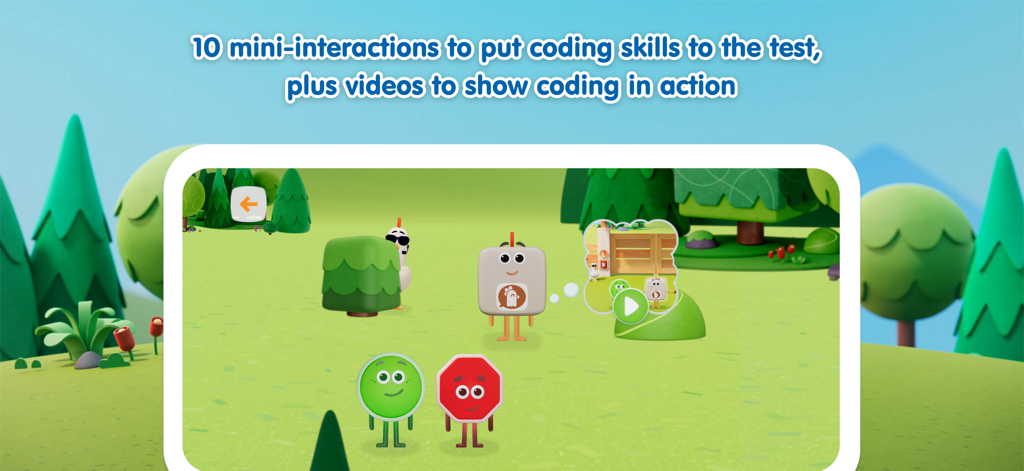 Meet the Wonderblocks - Captura de tela do aplicativo Meet the Wonderblocks mostrando personagens e mini interações de vídeo para aprendizado de programação precoce