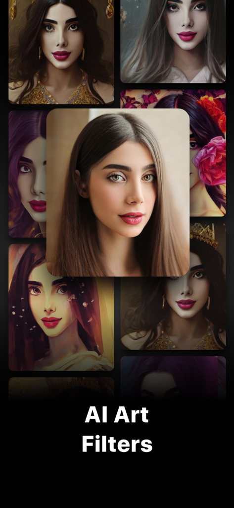 A woman's portrait transformed by various AI art filters in different styles