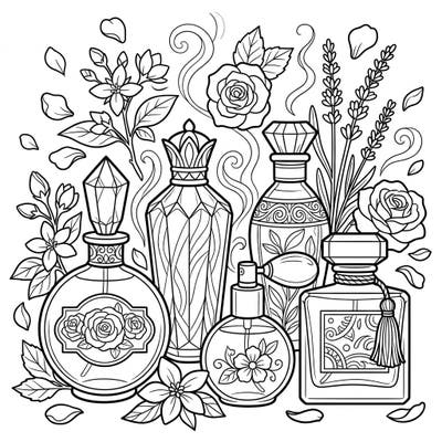 Dive into a world of exquisite aromas with this beautifully detailed coloring page featuring an array of elegant perfume and cologne bottles. Each vessel is surrounded by delicate blossoms and swirling scents, promising a relaxing and creative artistic journey.