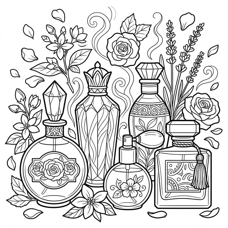 Dive into a world of exquisite aromas with this beautifully detailed coloring page featuring an array of elegant perfume and cologne bottles. Each vessel is surrounded by delicate blossoms and swirling scents, promising a relaxing and creative artistic journey.