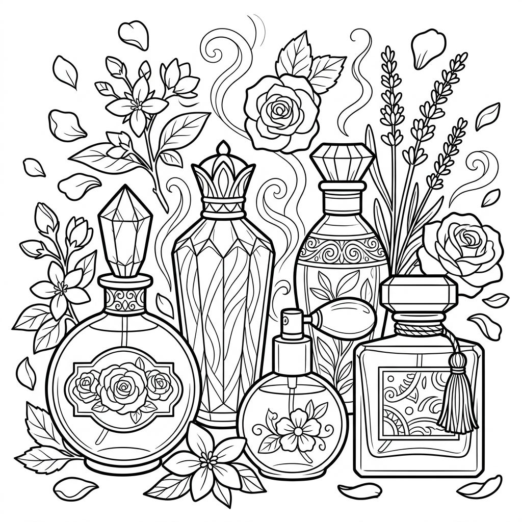 Fragrances Coloring Page | Elegant Perfume Bottles