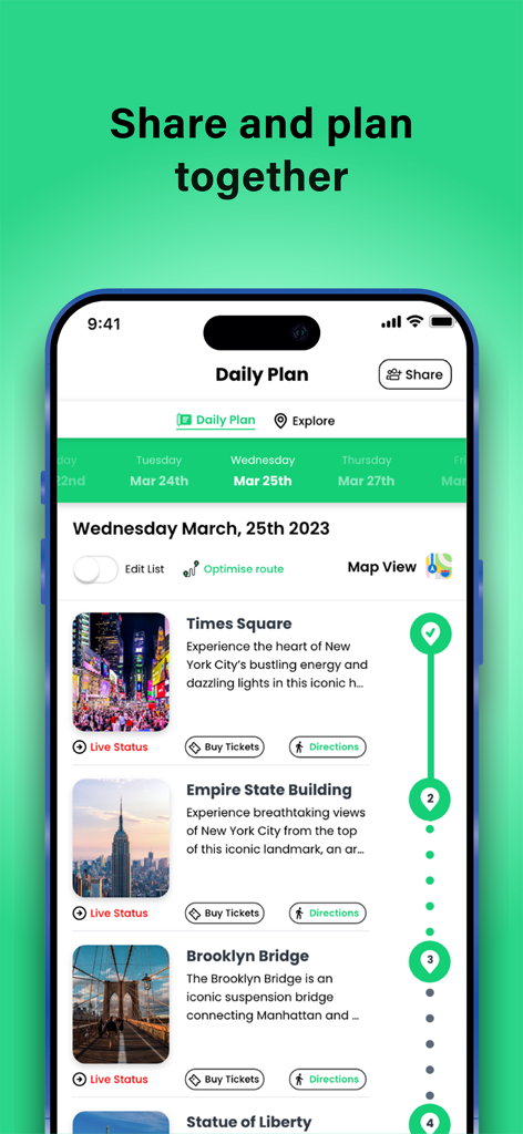 Travel Genie: Trip Itinerary - Interfaz de la aplicación Travel Genie que muestra un plan de viaje diario para la ciudad de Nueva York con opciones para compartir y reservar entradas.