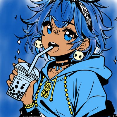 hot baddie anime girl drinking boba and biting the straw