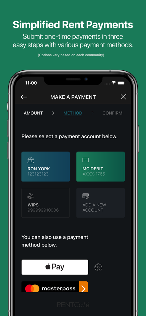 RentCafe Resident - RentCafe Resident app screen showing various rent payment methods including bank account, debit card, and Apple Pay.