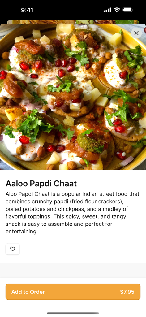 Tandoor Restaurant To Go - Aaloo Papdi Chaat menu item display in the Tandoor Restaurant To Go mobile app with dish description and price.
