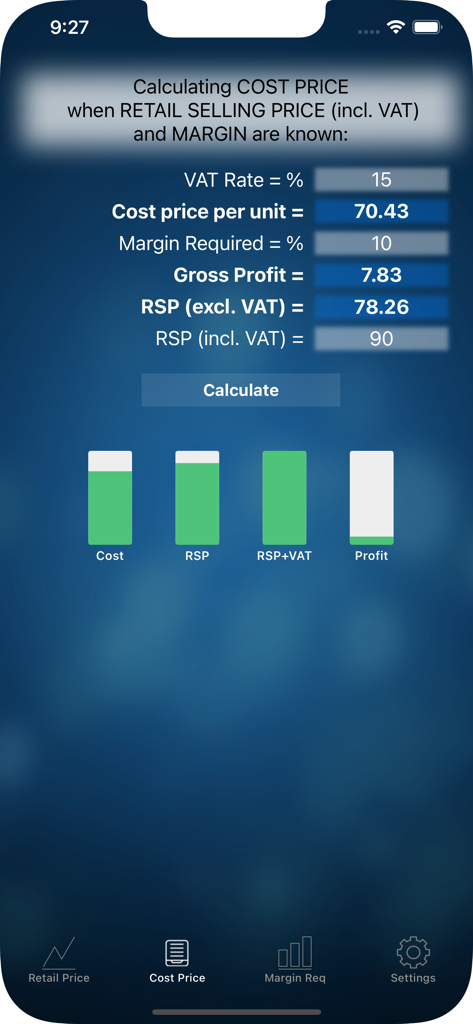 Eine Rechnerschnittstelle mit Kostenpreis- und Gewinnmargendaten