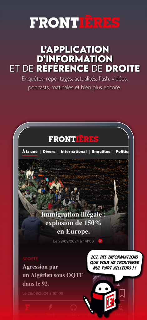 Frontières Média - Screenshot of the Frontieres Media news app showing headlines about immigration and investigative reporting.