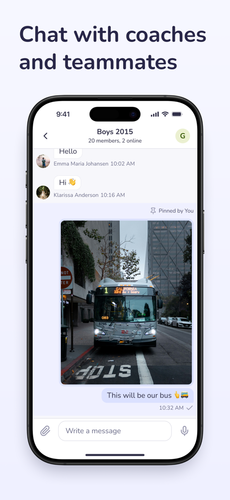 Hoopit app chat interface for coaches and teammates to coordinate sports team logistics.