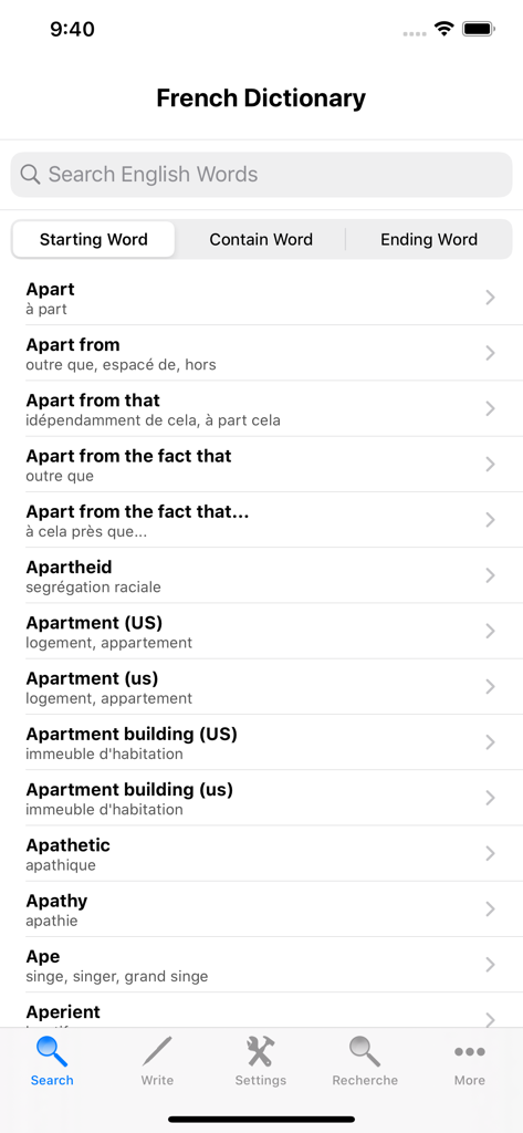 Französisch Wörterbuch Englisch App Suchoberfläche mit englischen Wörtern und ihren französischen Übersetzungen