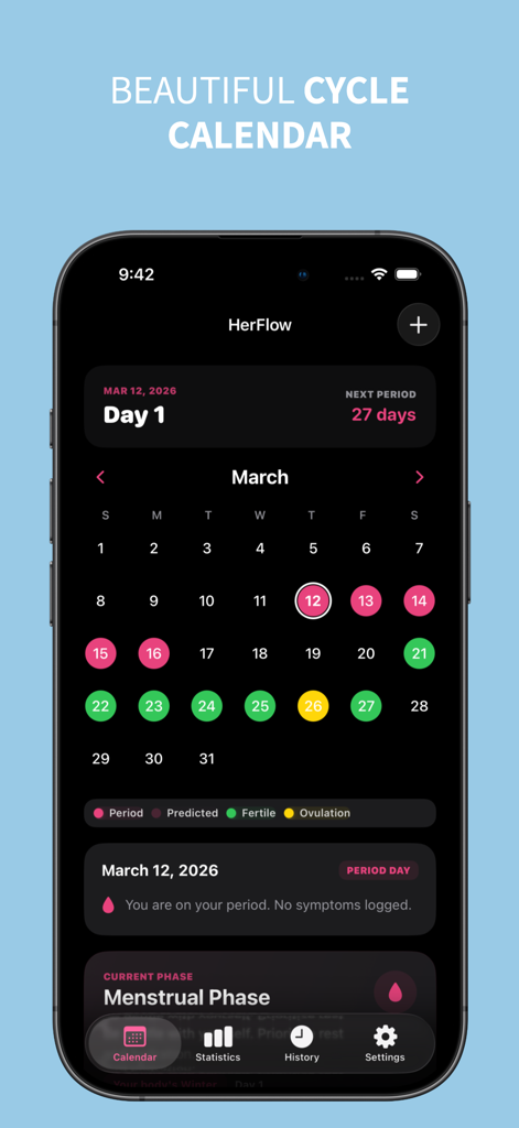 Herflow app menstrual cycle calendar with color coded period and fertility predictions