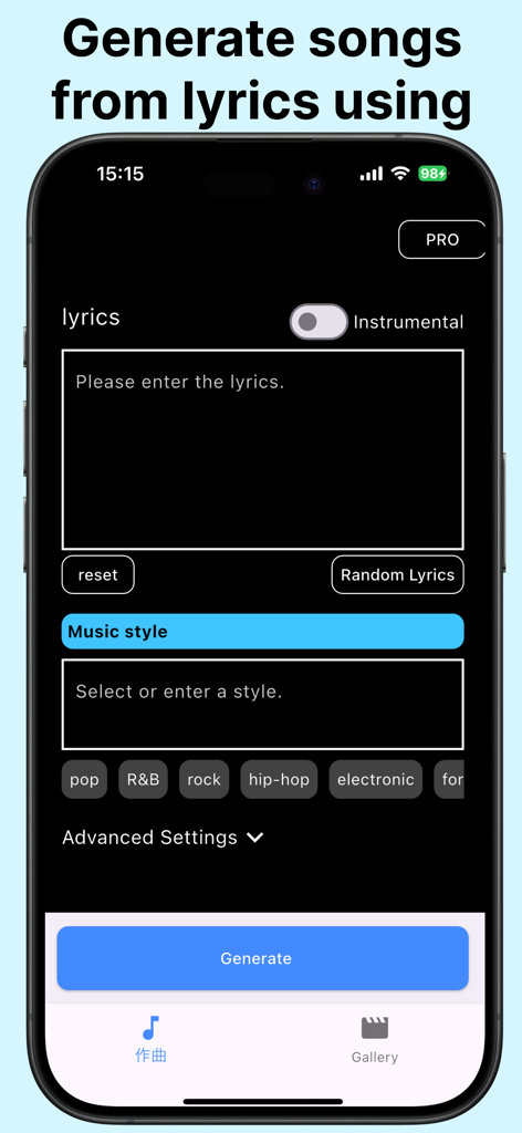 Otosho：AI Song creator,aimusic - Mobile interface of Otosho AI Song Creator app for generating music from lyrics with style selection