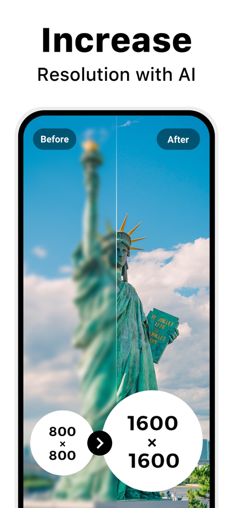Video Enhancer - Utool - Vorher-Nachher-Demonstration der KI-Skalierung der Auflösung von 800x800 auf 1600x1600 bei einem Foto der Freiheitsstatue.