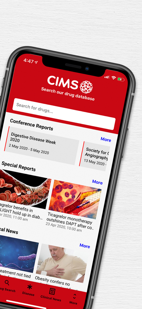 CIMS India - CIMS India mobile app home screen showing the drug search bar medical reports and clinical news