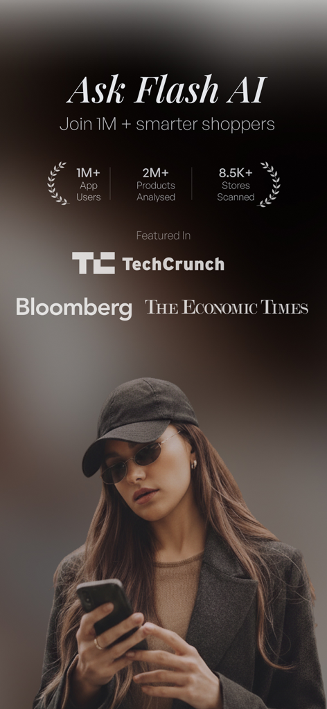 Pantalla promocional de la aplicación de compras Flash AI que muestra estadísticas de usuario y menciones en medios de TechCrunch y Bloomberg