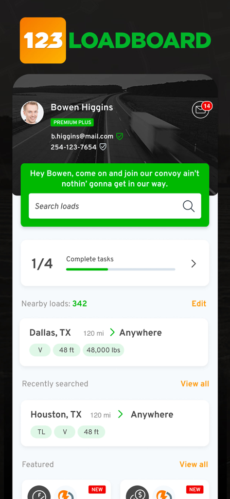 Find Truck Loads - Load Board - 123Loadboard mobile app interface displaying user profile and nearby freight loads