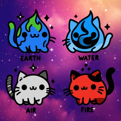 4 cats that represent the different elements, earth, water, air, and fire