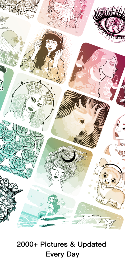 A collection of various coloring pages featuring portraits and animals